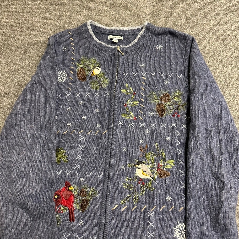 Croft & Barrow Cardigan Womens Size L Blue Embroidered Winter Bird Zip Sweater